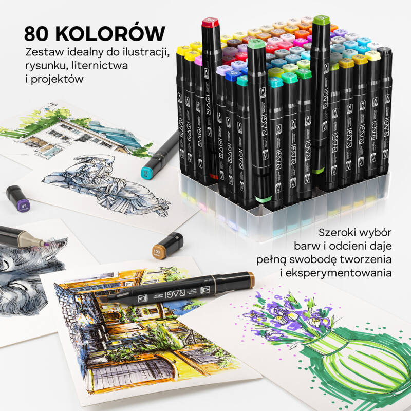 MARKERY ALKOHOLOWE 80 Mazaki Flamastry Pisaki Dwustronne + PODSTAWKA TORBA - obrazek 7