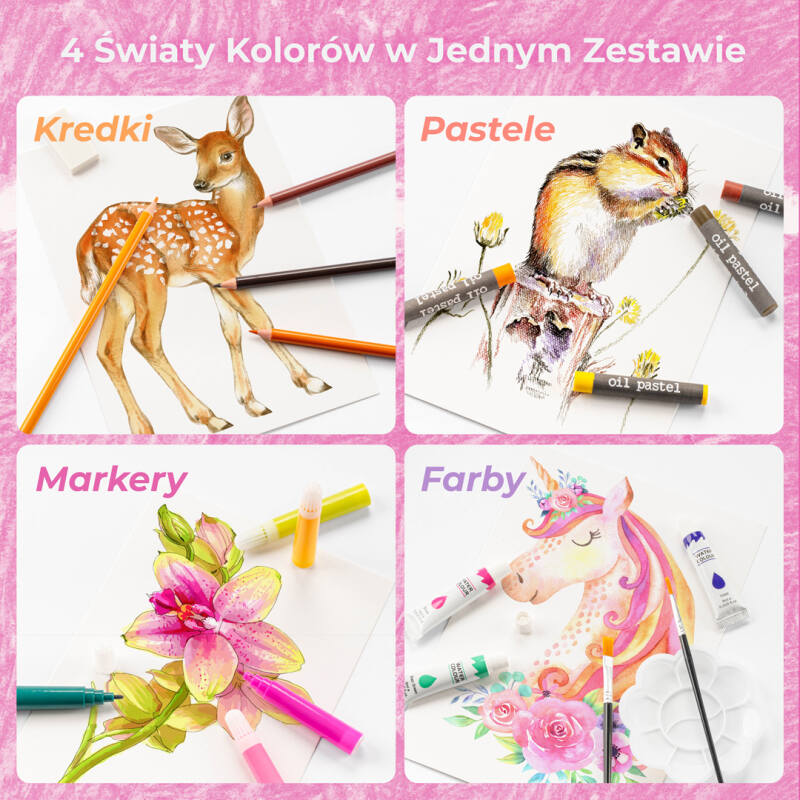 ZESTAW ARTYSTYCZNY DLA DZIECI do malowania i kolorowania w Walizce 145 elementów Różowy Jednorożec - obrazek 5