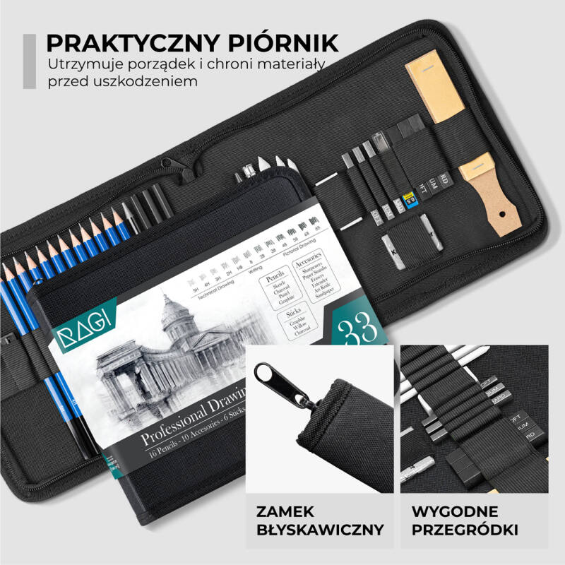 Zestaw do nauki rysowania – 35 ołówków i akcesoriów w piórniku ze szkicownikiem - obrazek 19