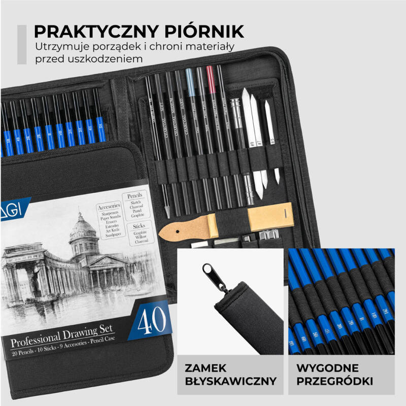 Zestaw ołówków do rysowania i szkicowania – 42 elementy w etui ze szkicownikiem - obrazek 21