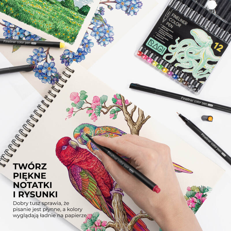 Cienkopisy Fineliner Kreślarski - Zestaw 12 Kolorów 0.4mm - obrazek 4