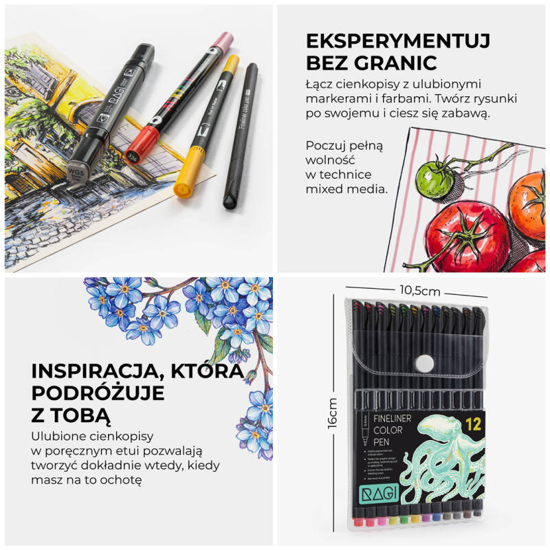 Cienkopisy Fineliner Kreślarski - Zestaw 12 Kolorów 0.4mm - obrazek 5