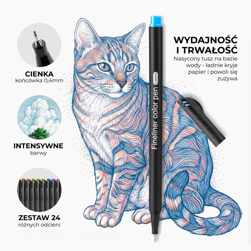 Cienkopisy Fineliner Kreślarski - Zestaw 24 Kolory 0.4mm - obrazek 3