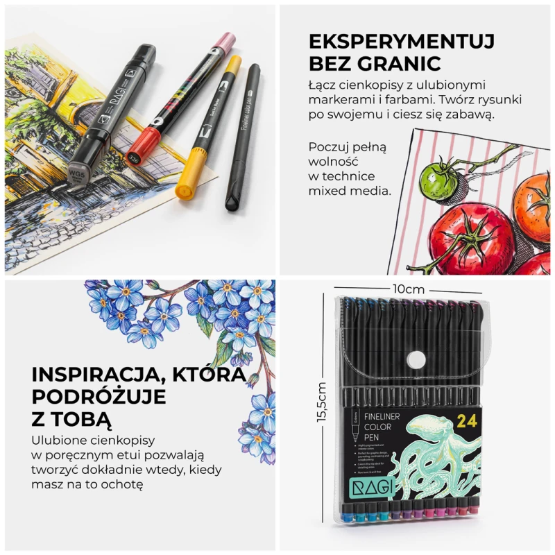 Cienkopisy Fineliner Kreślarski - Zestaw 24 Kolory 0.4mm - obrazek 6