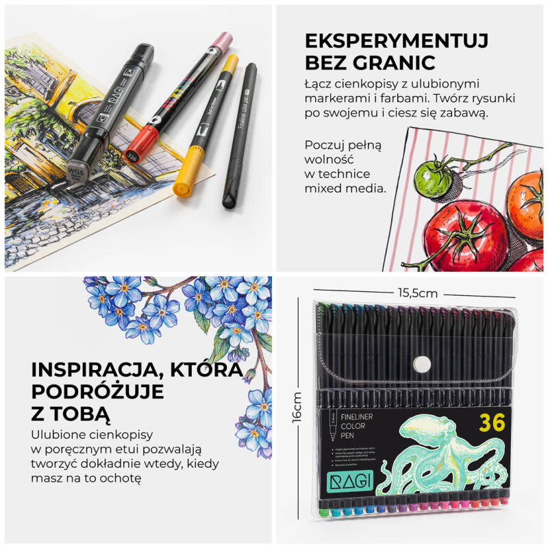 Cienkopisy Fineliner Kreślarski Zestaw 36 Kolorów 0.4mm - obrazek 6