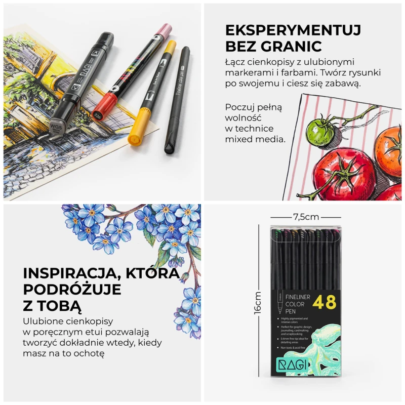 Cienkopisy Fineliner Kreślarski - Zestaw 48 Kolorów 0.4mm - obrazek 6