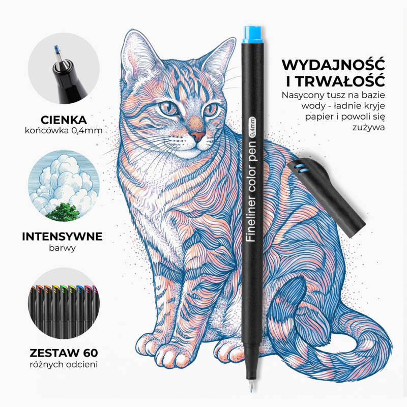 Cienkopisy Fineliner Kreślarski Zestaw 60 Kolorów 0.4 mm - obrazek 3
