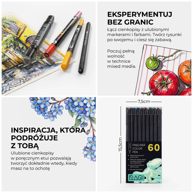 Cienkopisy Fineliner Kreślarski Zestaw 60 Kolorów 0.4 mm - obrazek 6