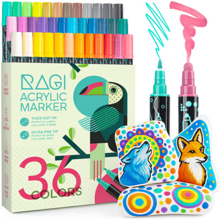 Markery Akrylowe Pisaki Flamastry Mazaki Dwustronne Wodoodporne 36 Kolorów + 3 Kamienie do Malowania