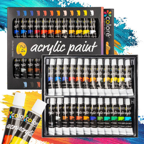 Zestaw farb akrylowych 24 kolory × 12 ml w tubkach – do płótna, drewna i ceramiki