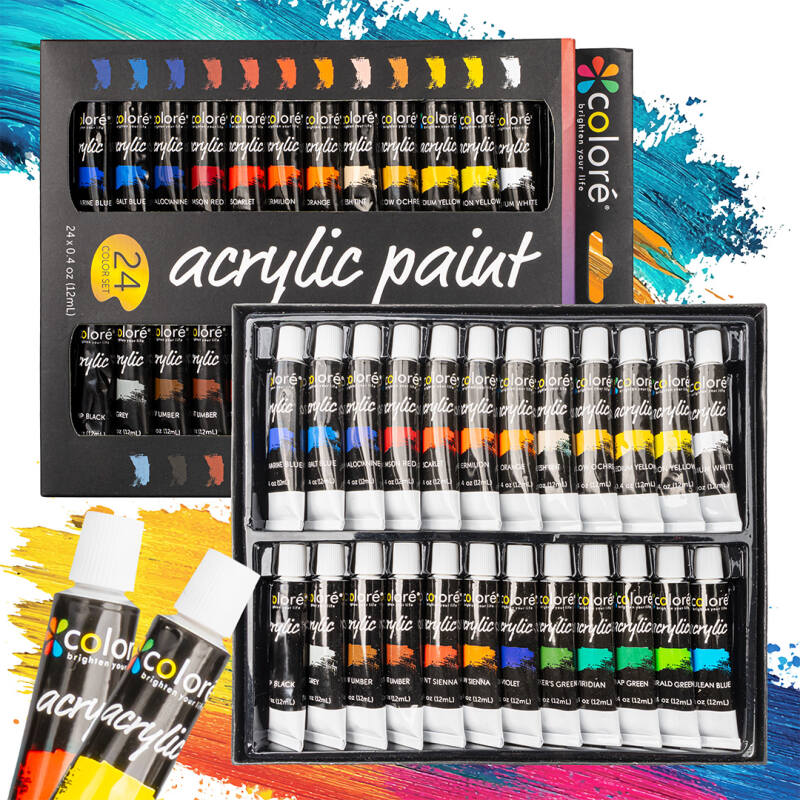 Zestaw farb akrylowych 24 kolory × 12 ml w tubkach – do płótna, drewna i ceramiki