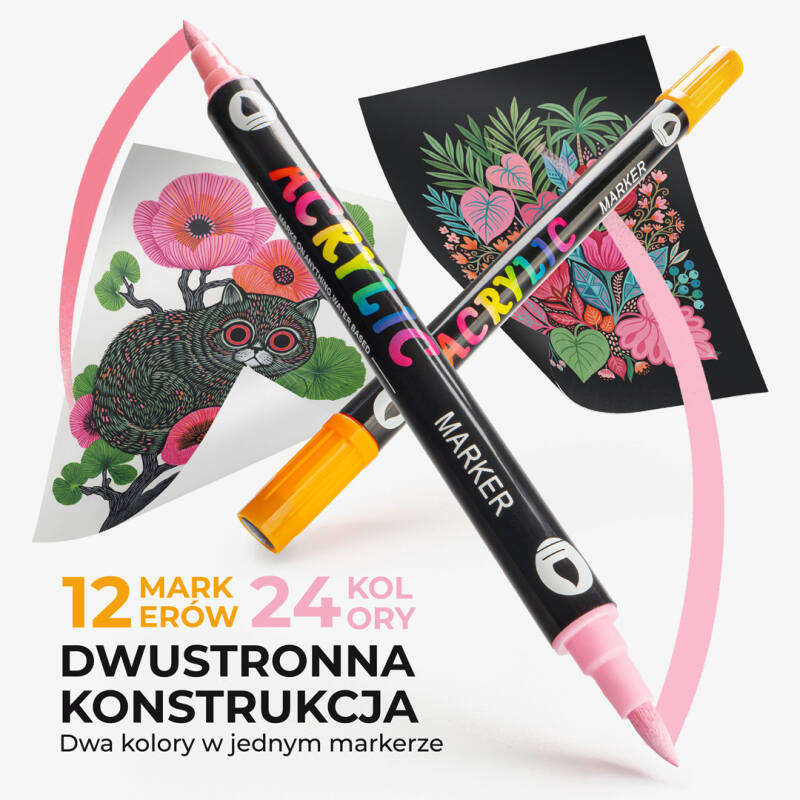 Markery Akrylowe Pisaki Mazaki Dwustronne Wodoodporne 12 sztuk = 24 Kolory - obrazek 3